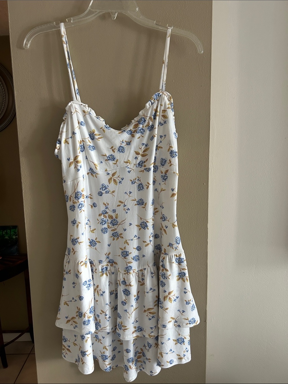 White Floral Mini Dress with Blue and Tan Accents
